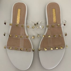 White sandals with gold studded clear straps, 7